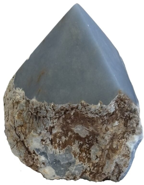 Natural rough angelite freeform with polished point 4 sians emporium Natural rough angelite freeform crystal with unpolished sides and a smooth polished blue point standing on a white background